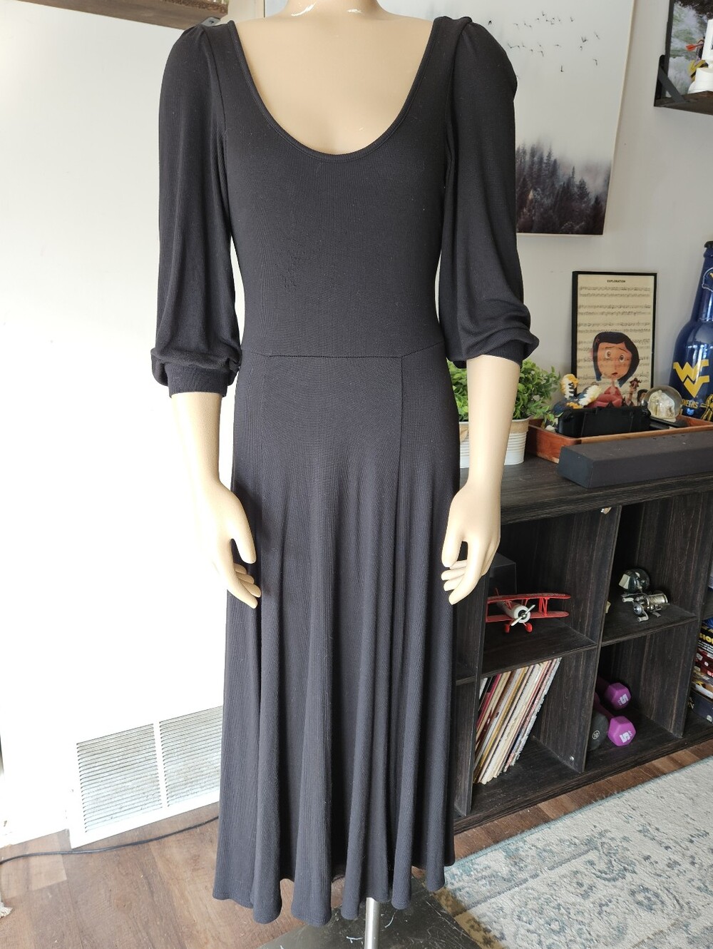 Marine Layer Black Maxi Scoop Neck Little Black Dress Three Quarter Sleeve S LBD